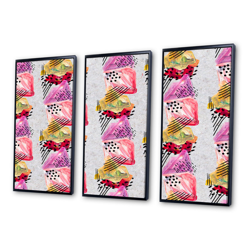 Coups de peinture roses et rouges - Ensemble de 3 peintures sur cadre flottant, Cadre noir, H 28 po x l 36 po x P 1 po