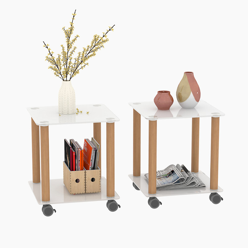 Ensemble de tables de bout à roulettes en verre avec rangement, Brun, Blanc