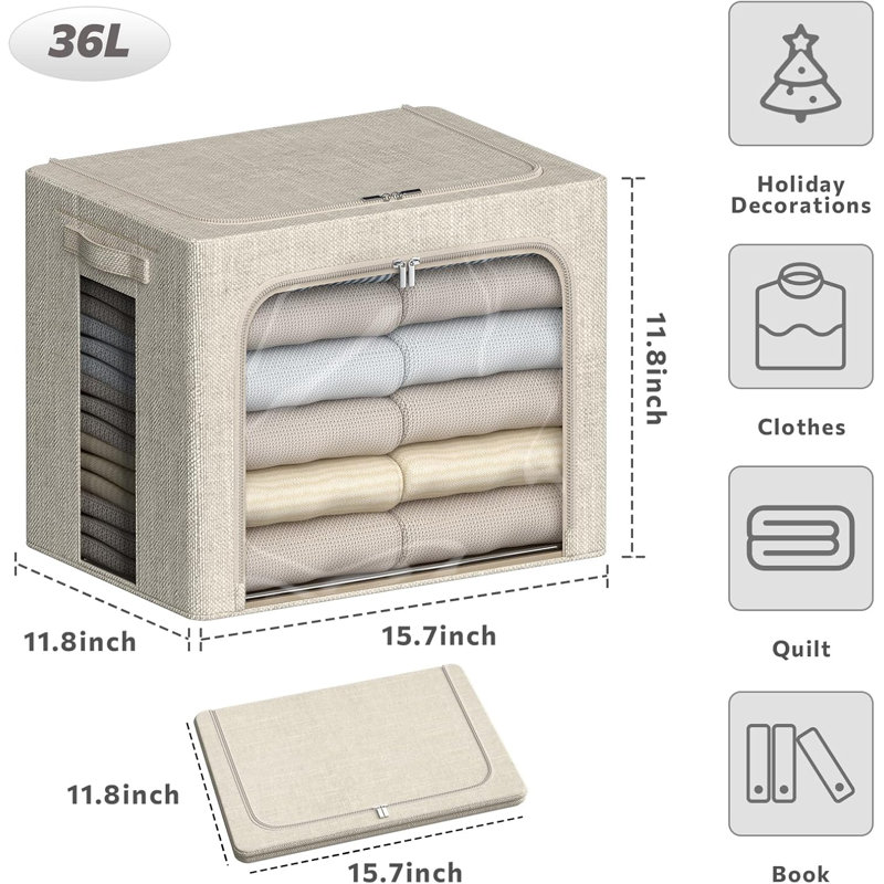4 Pack Stackable Clothes Storage Bins With Metal Frame And Lids - Foldable Fabric Storage Containers With Clear Windows, Zippers & Handles For Home Organization