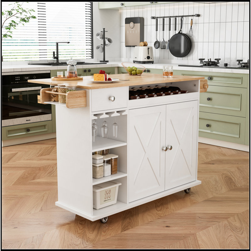 Chariot pour îlot de cuisine de 44 po avec plateau en bois massif, rangement pour le vin, porte-épices, porte-serviettes, porte-verres à vin, table à roulettes pour îlot de cuisine sur roulettes, installation sans outil, blanc et chêne