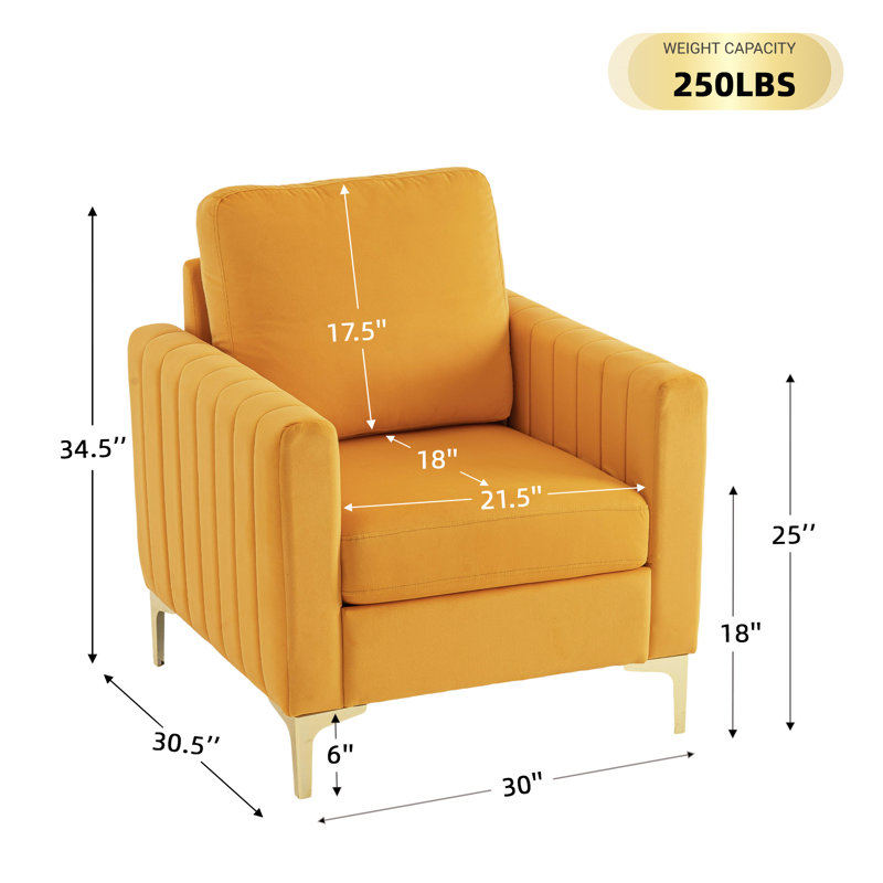 Velvet Accent Chair With Gold Metal Legs Comfy Reading Chair For Living Room, Yellow