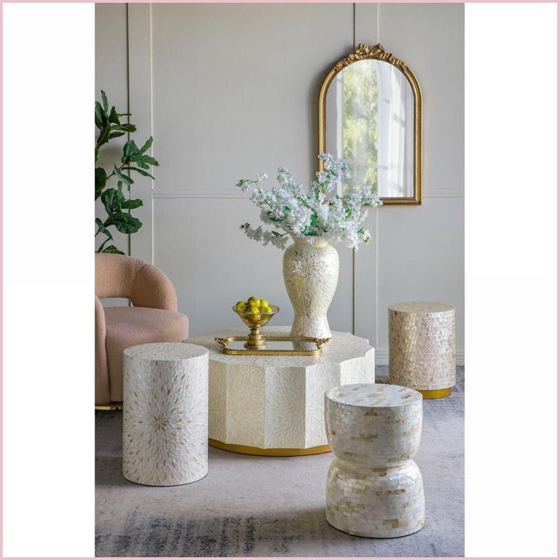 Decorative Bamboo Hourglass Stool with Gold &amp; White Capiz Shell Finish | Gold+White | MDF