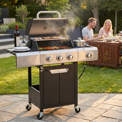 3-Burner Propane Gas Grill with Side Burner, 40,500 BTU, 376 sq.in. Cooking Area, Stainless Steel, Warming Rack & Side Table, Lockable Casters