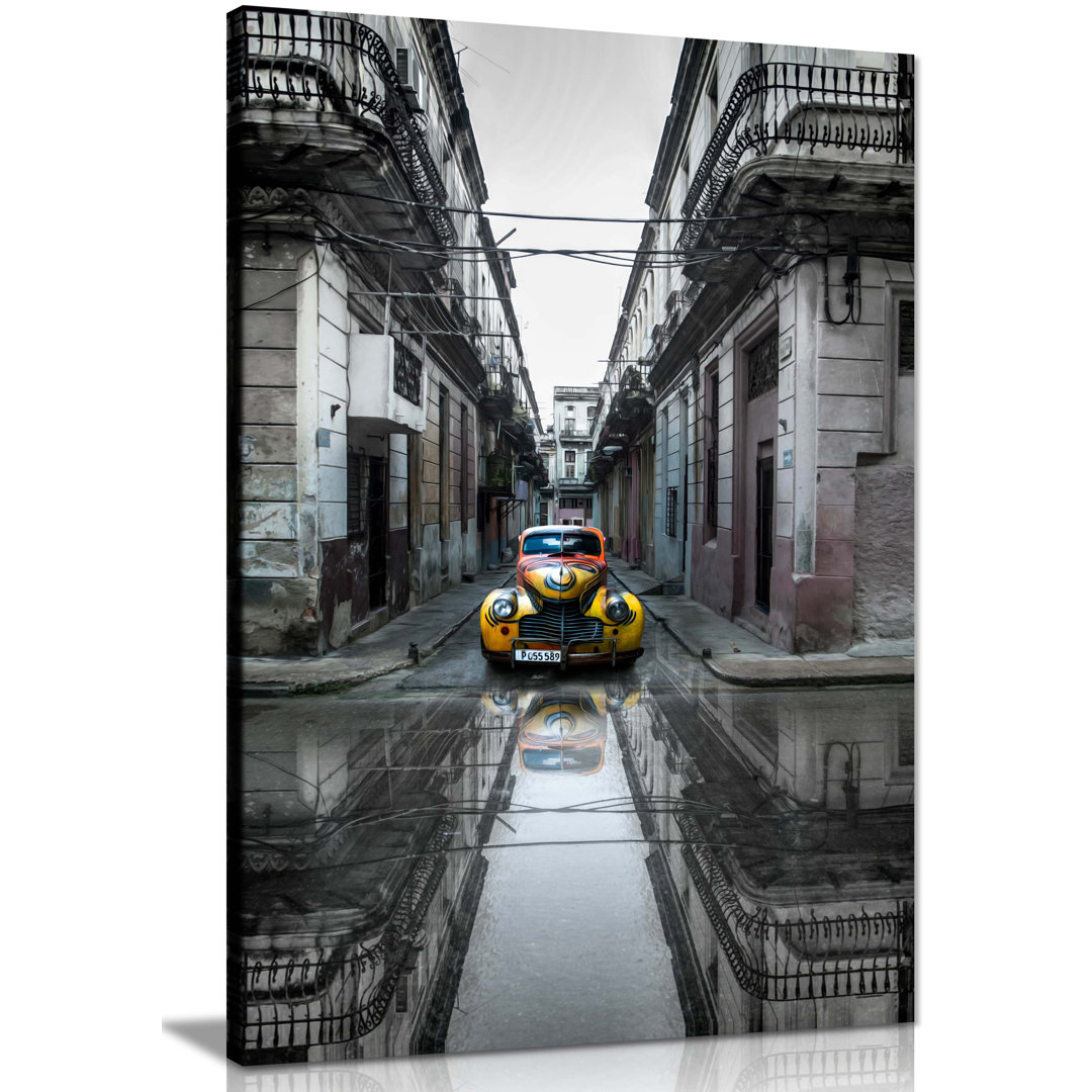 Panther Print Fine Art Prints Yellow Classic Retro Car Parked on the Streets of Havana Artistic Framed Canvas Prints, Pictures for Home Walls, Bedroom