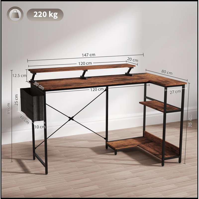 Reversible L Shaped Desk with Storage, Power Outlets, and LED Light for Modern Workspaces, Rustic Brown