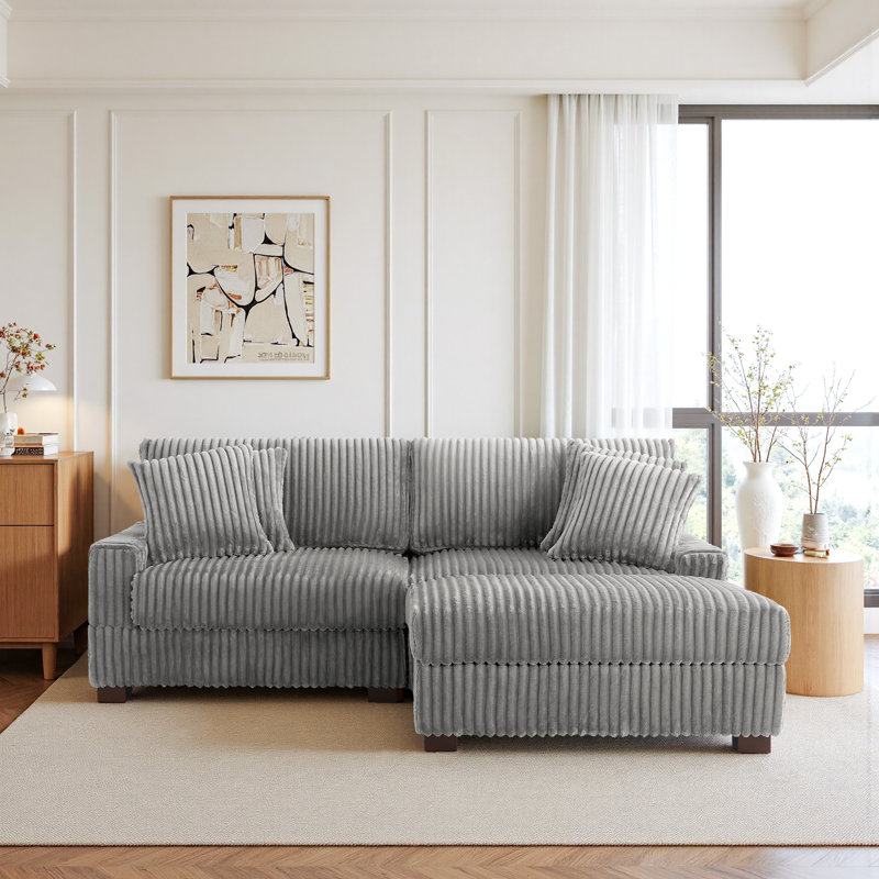3 - Piece Upholstered Light Gray Faux Rabbit Fur Flannel Modular Sectional Sofa with Throw Pillows & Removable Ottomans