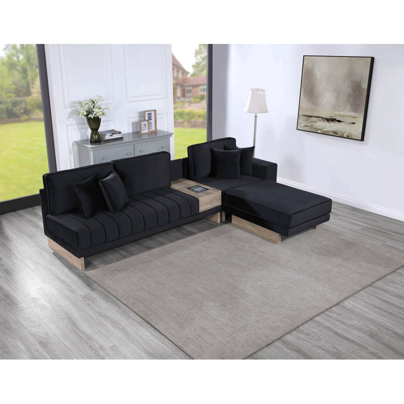 Canapé modulaire réversible en velours noir Messina de l 122,5 po avec compartiment de rangement, tiroir, ports USB, prises de recharge