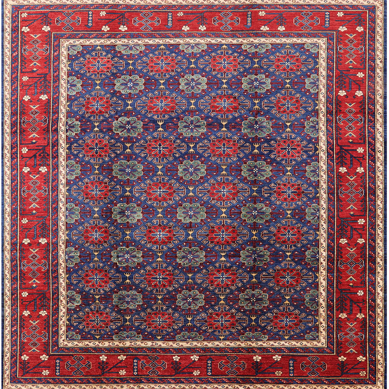 Tapis géométrique rouge / bleu / beige, Carré 6 pi