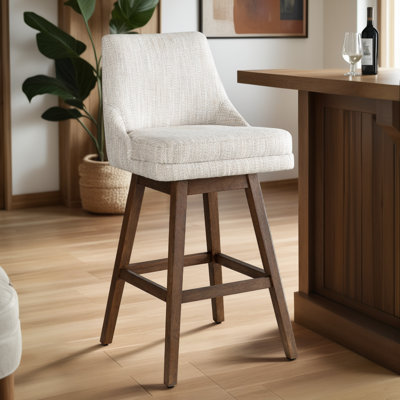 Wasser Solid Wood Upholstered Swivel Barstool With Fabric Seat