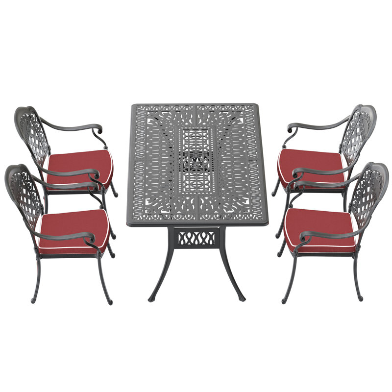 Ensemble de 5 meubles de patio en fonte d'aluminium avec coussins rouges