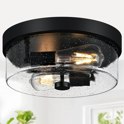 Black Flush Mount Ceiling Light Fixtures, 2-Light Ceiling Mount for Farmhouse with Seeded Glass Lampshade, Industrial Flush Mount Light Fixture Farmhouse