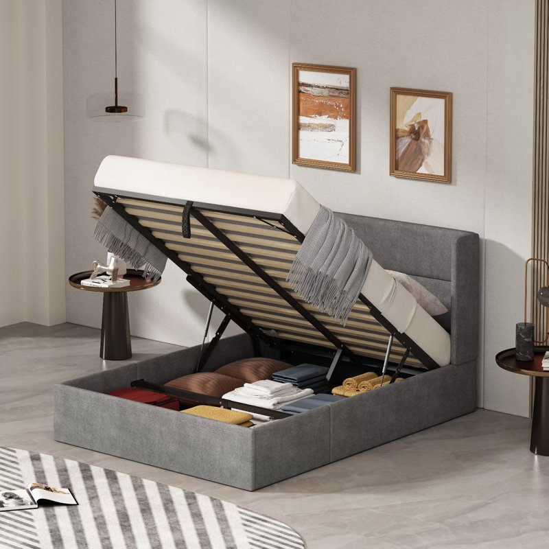 Lit plateforme tapissier avec rangement Gaillarde, Double, Graphite