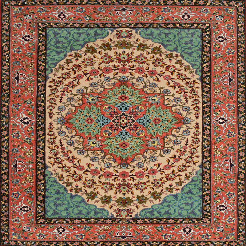 Tapis traditionnel brun / vert / rouge, Carré 6 pi