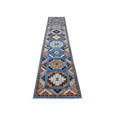 2'5"x11'8" Blue Hand Knotted Afghan Ersari Elephant Feet Wool Runner Rug F270F35A83DF4EF3A4AD2FADF14B36F4