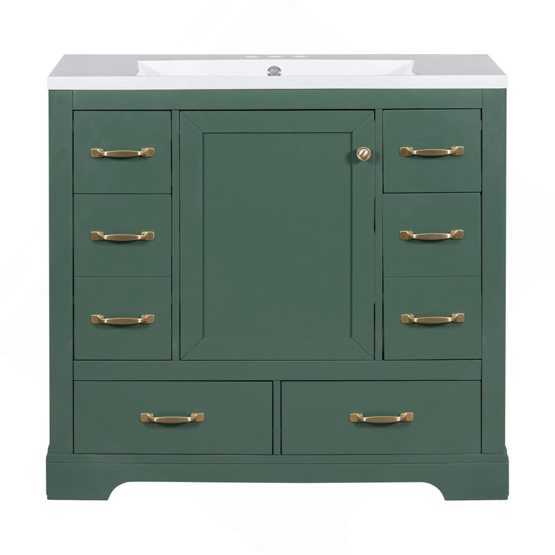 Meuble-lavabo 36 po avec évier, six tiroirs, séparateur de tiroir multifonctionnel, tablette réglable, vert