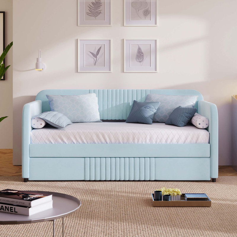 Upholstered Daybed Sofa Bed With Trundle Bed And Wood Slat, Light Blue