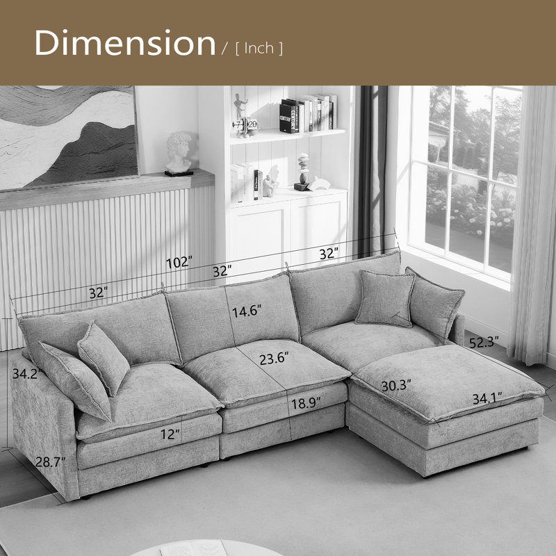 Modular Sectional Sofa, 102 Inch L Shaped Couch Set For Living Room, 3-Seater Comfy Cloud Couches With Movable Ottoman, DIY Combination, Chenille