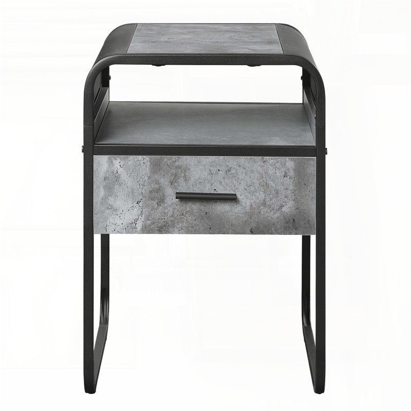 Table de bout en béton gris avec tiroir et tablette - structure noire