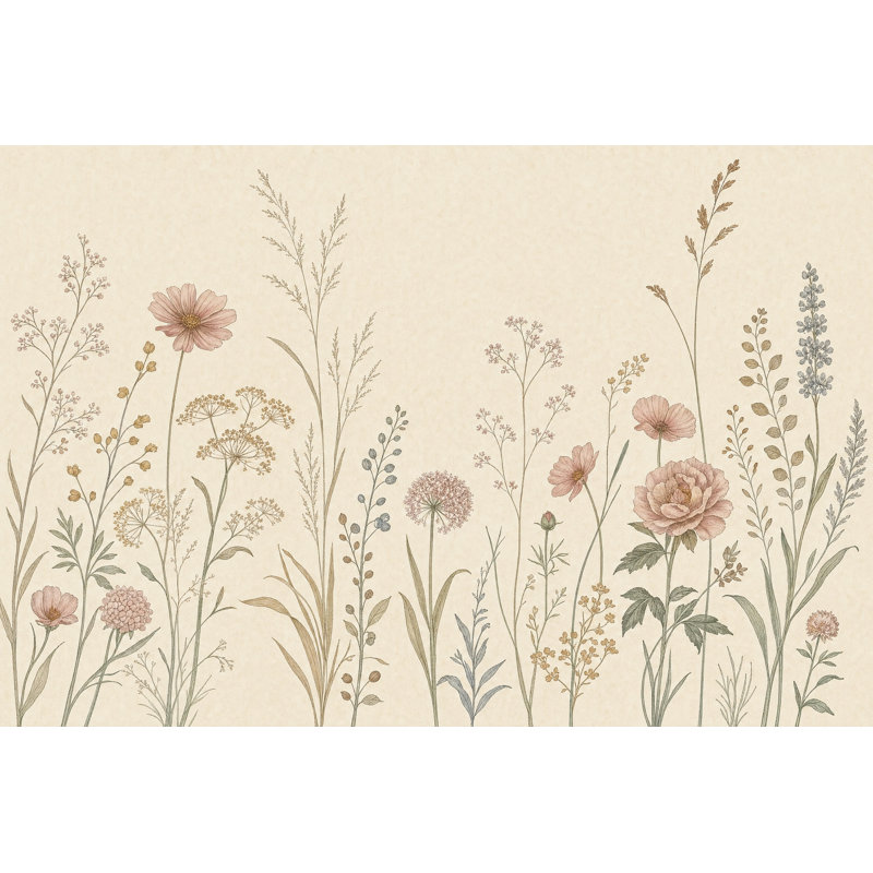 Murale botanique rétro dans une prairie sauvage, Texturé non collé, 100 po x 96 po