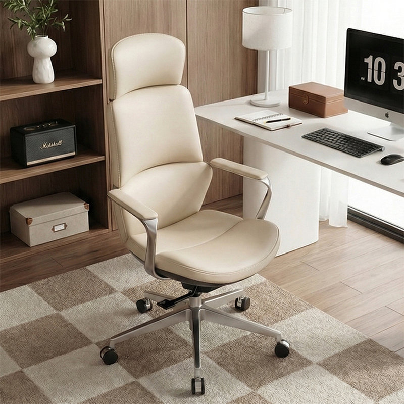 Genuine Leather Executive Chair, Swivel Ergonomic Office Chair, Desk Chair with Tilt Reclining, Alu, Beige