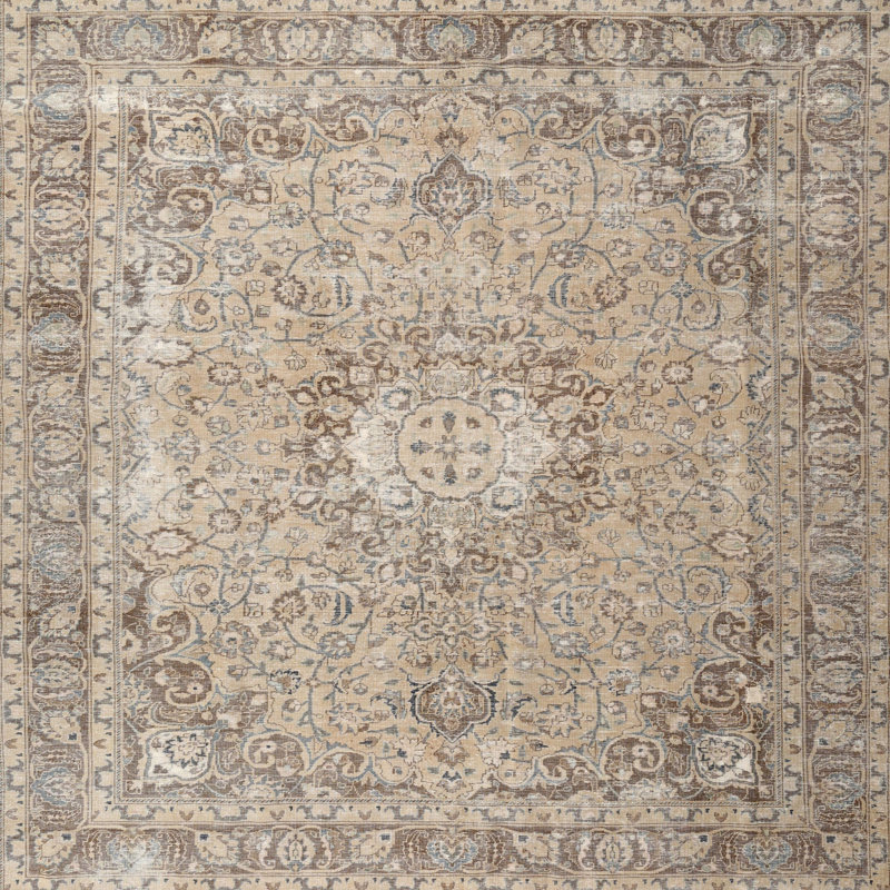 Tapis oriental beige / gris en laine, Carré 6 pi