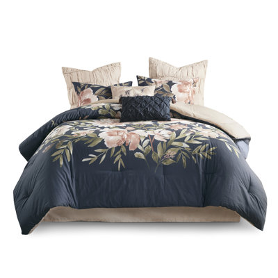 Navy Queen Cotton Blend - 8 Piece Bedding Printed Fill