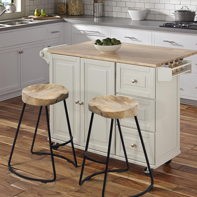 24 Inch Mango Wood Industrial Counter Height Stool, Saddle Seat, Iron, Set of 2, Brown, Black, Bar Stool (30" Seat Height), 2