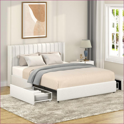 Queen Size Ivory Boucle Upholstered Storage Bed with 2 Drawers, No Box Spring Needed