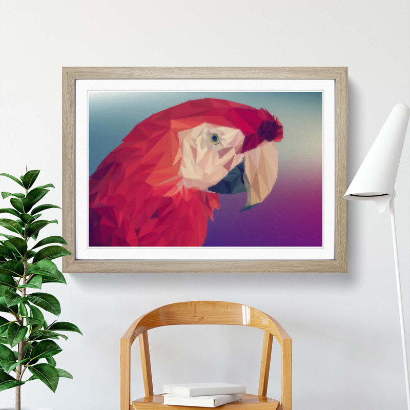 Geometric Scarlet Macaw Parrot in Abstract - Framed Print, 36cm H x 48cm W x 2cm D, Oak Framed