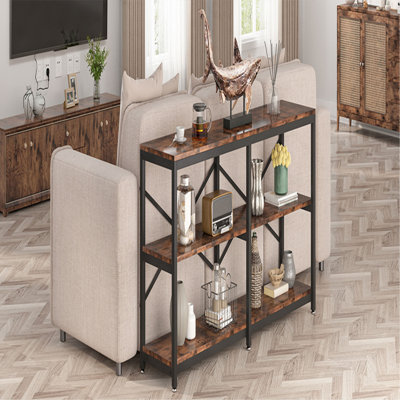 Console très longue de 70,9 po avec tablettes de rangement, canapé industriel à 3 niveaux derrière le canapé, table d'entrée moderne avec structure en X en métal, bibliothèque de couloir étroite pour le salon, brun rustique