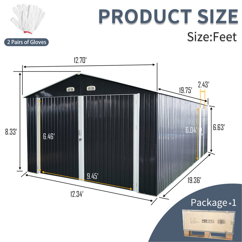 Remise de rangement en métal 20 po x 13 pi pour équipement de pelouse - 2 portes, bâtiment extérieur noir ventilé