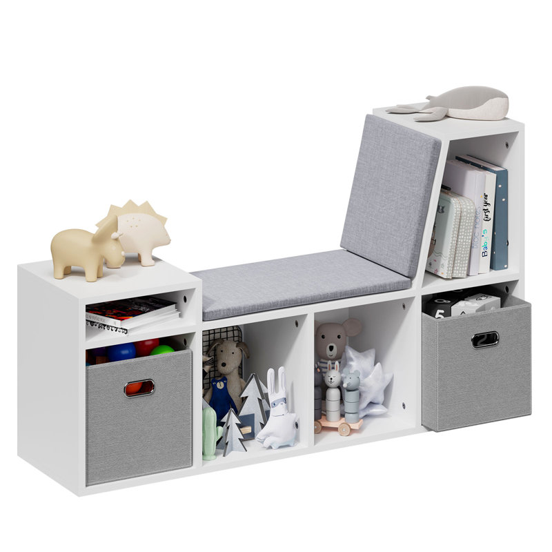 Sydonie 43.3" Reading Nook Bench, Bookcase with Seat Cushion, 6-Cubby Book Shelf Storage Organizer