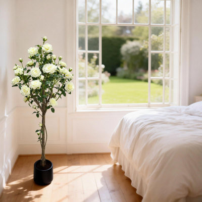 150 cm Lifelike Artificial Rose Tree – Realistic White Flowers, Thick Trunk, Decorative Faux Potted Topiary for Indoor/Outdoor Home & Office – Black Round Belly Pot