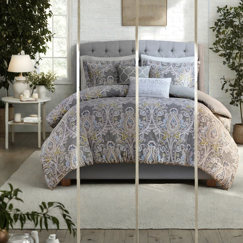 Ensemble de literie en coton avec housse de couette, grand lit double damassé gris