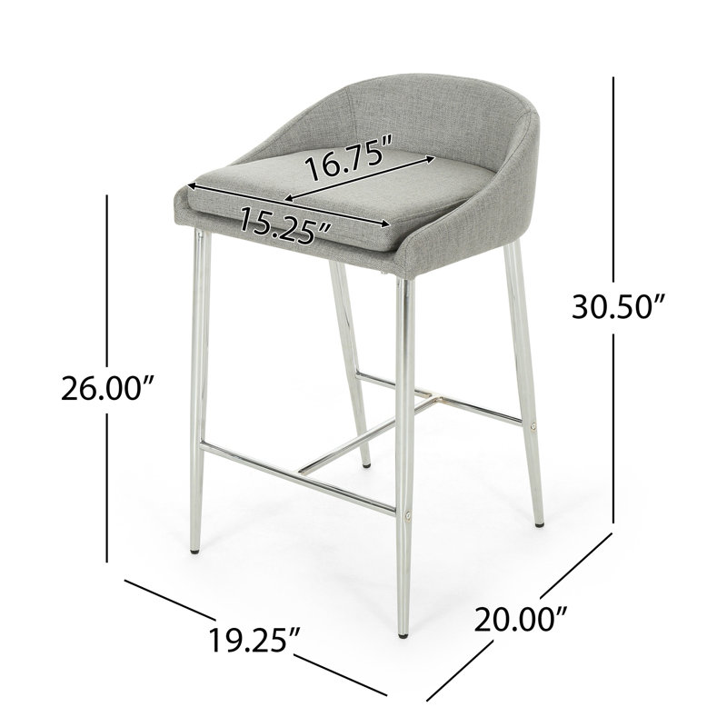 Ensemble de 2 tabourets de comptoir Yoko, dossier incurvé, pieds en fer chromé, tissu gris