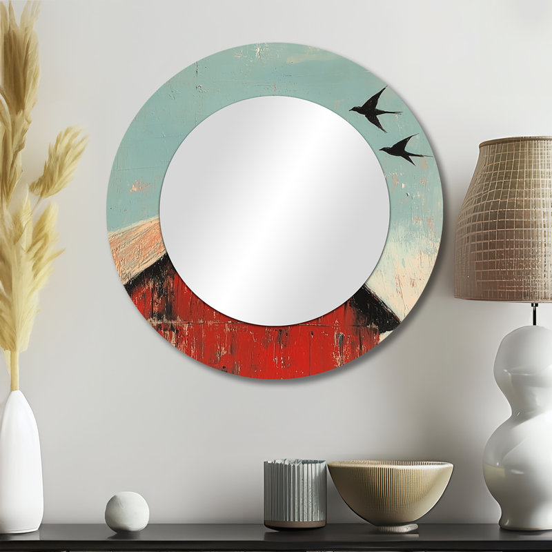 Swallows Birds Over The Red Barn I - Miroir d'appoint mural moderne - imprimé sur métal, 23 po x 23 po