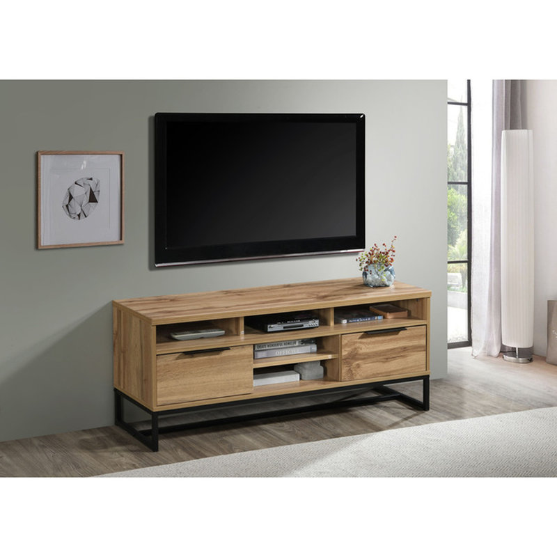 Meuble télé en chêne massif de 47 pouces, 5 tablettes et 2 tiroirs, console multimédia pour téléviseurs de 43 à 55 pouces.