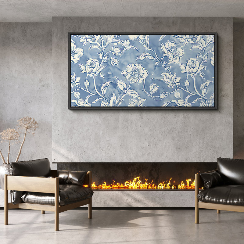 Motif botanique floral bleu et blanc rétro - grande impression sur toile encadrée de chambre à coucher principale, Noir