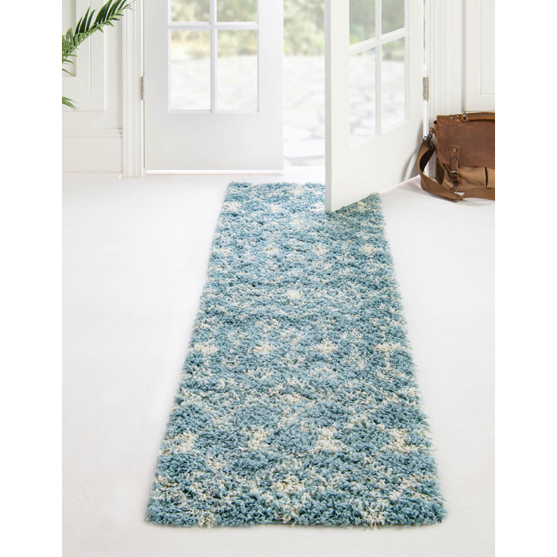 Tapis de couloir contemporain bleu clair / ivoire Modon, Tapis de couloir 2 pi 7 po x 10 pi