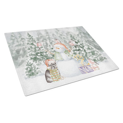 Bouledogue français bringé avec cadeaux de Noël planche à découper en verre