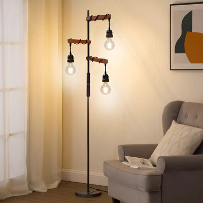 Dimmable 68" 3-Light Vintage Floor Lamp - Wood & Metal Industrial Pole For Living Room