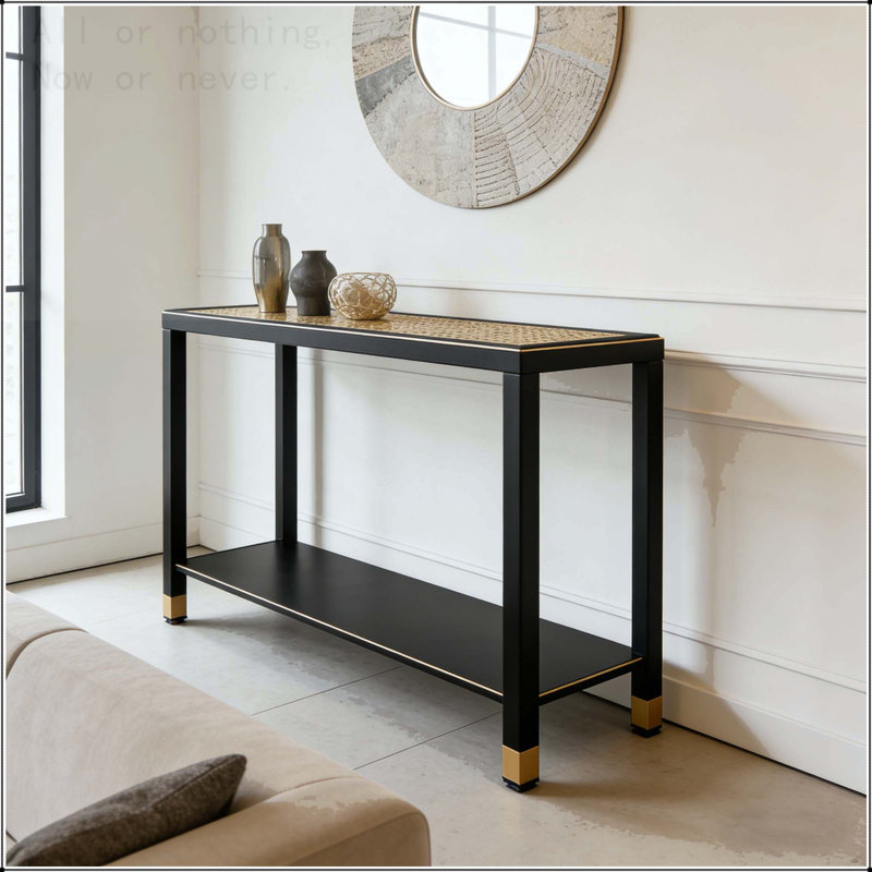 Glass Entryway Table with 2-Tier Metal Structure, Black