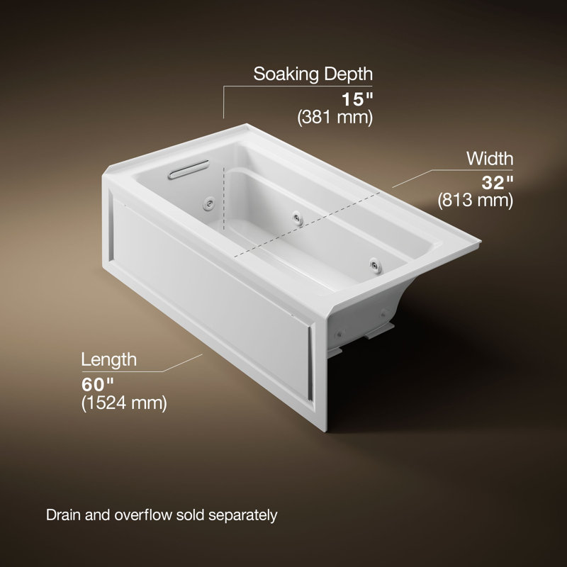 Archer Alcove 60" x 32" Whirpool Bathtub, White, Left