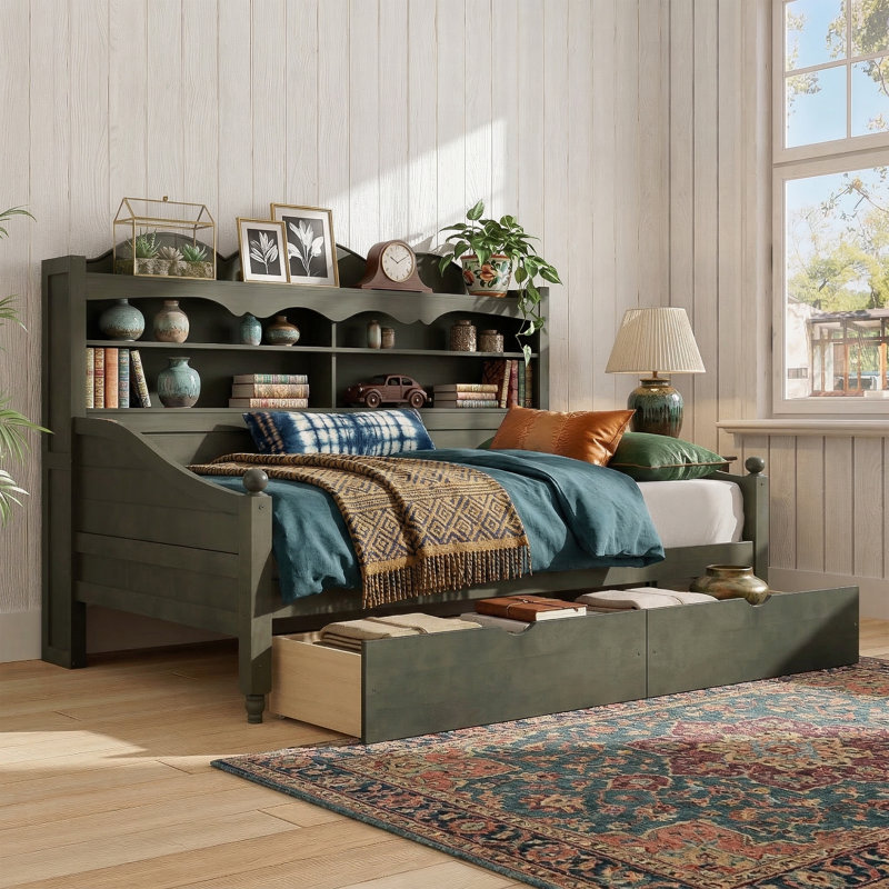 Lit de jour simple 79,3 "avec tête de lit et 2 tiroirs - Structure de lit en bois massif - Gris antique, Vert