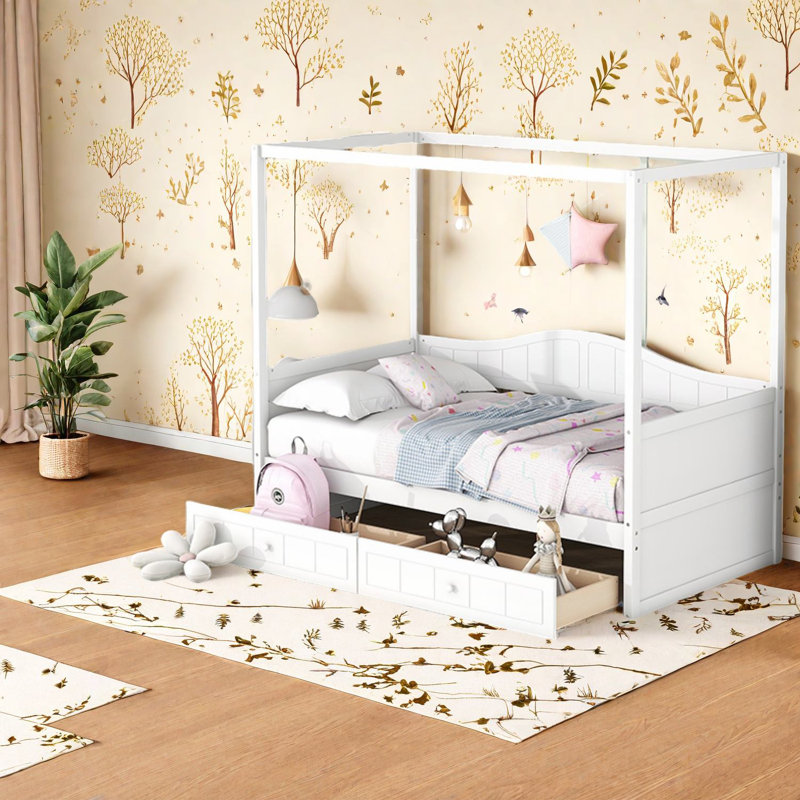 Lit de jour moderne à baldaquin simple avec rangement, finition bois, conception compacte