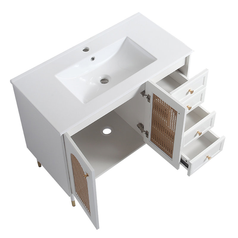 Meuble-lavabo de 36 po avec lavabo en céramique et meuble de rangement en rotin avec deux portes et un tiroir