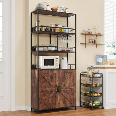 Support à vin autoportant et armoire de bar - étagère de boulanger à 5 niveaux avec rangement, porte-gobelet, grand plateau de table, structure en métal - huche de bar à café et support à micro-ondes pour cuisine, salle à manger - couleur classique