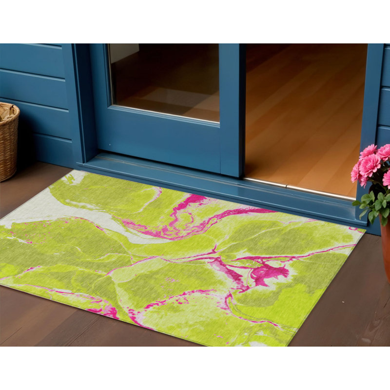 Tapis intérieur lavable abstrait 3 pi x 5 pi vert lime néon rose et ivoire