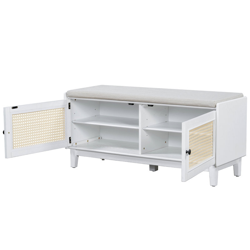Banc en rotin pour hall d'entrée avec rangement, banc à chaussures rembourré avec portes doubles, banc de rangement pour chaussures en bois