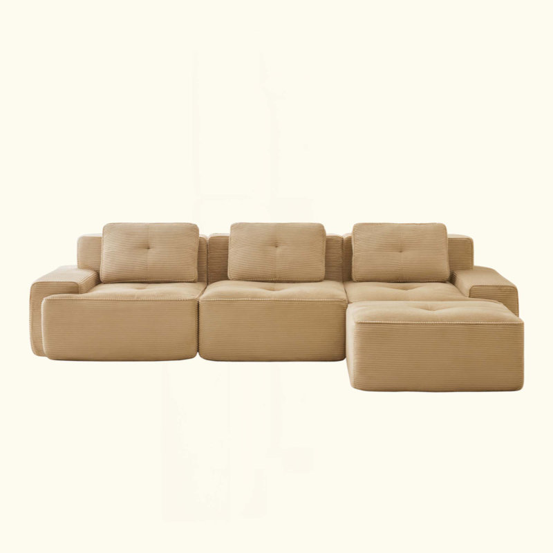 Modern L-Shaped Modular Sectional Sofa For Living Room, Corduroy Fabric,3-Seater Couch With Deep Seat And Movable Ottoman,Pearl-Like Piping, Tufted Design,No Assembly, Anti-Slip Design